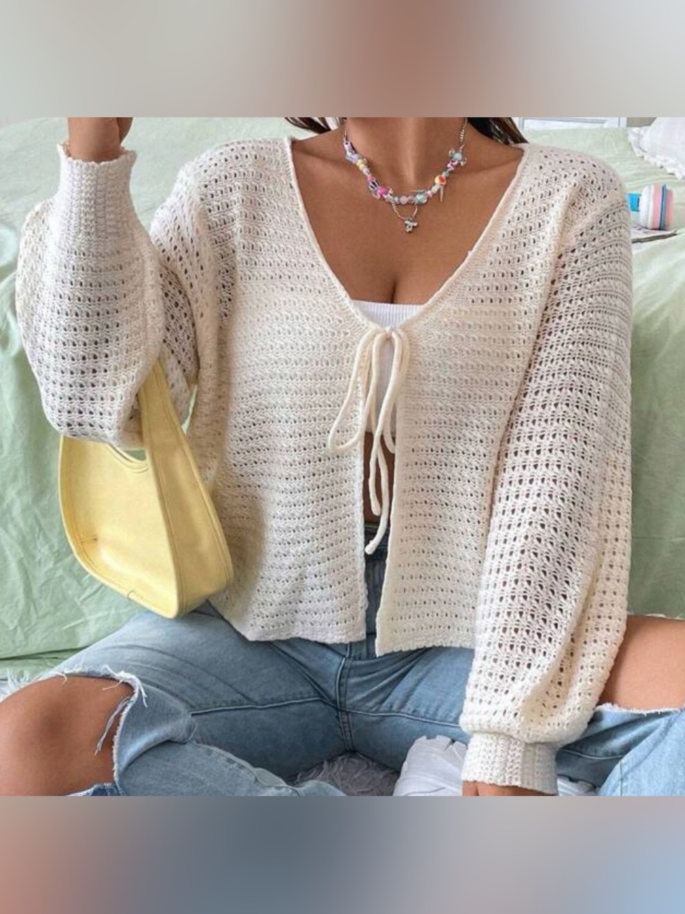 SHEIN Flirla Plus Tie Front Lantern Sleeve Cardigan